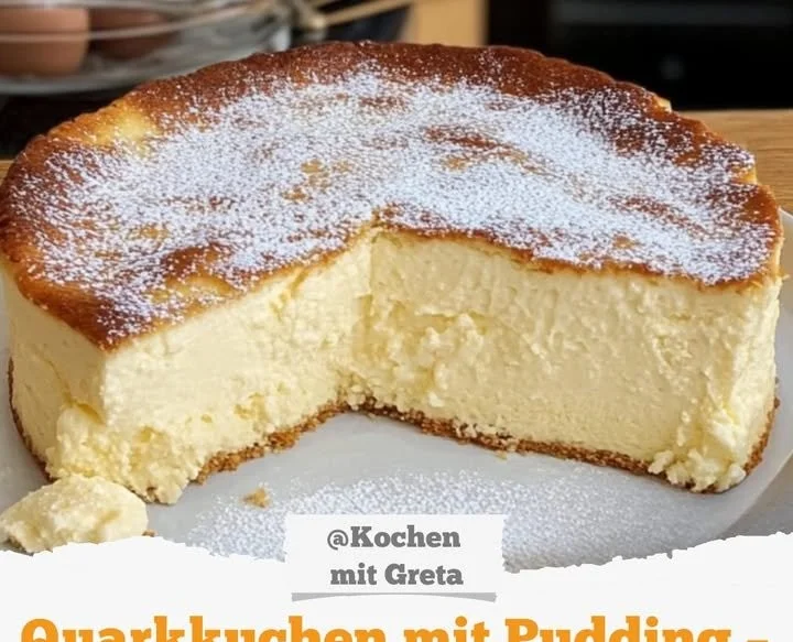 Quarkkuchen mit Pudding auf einem Teller serviert