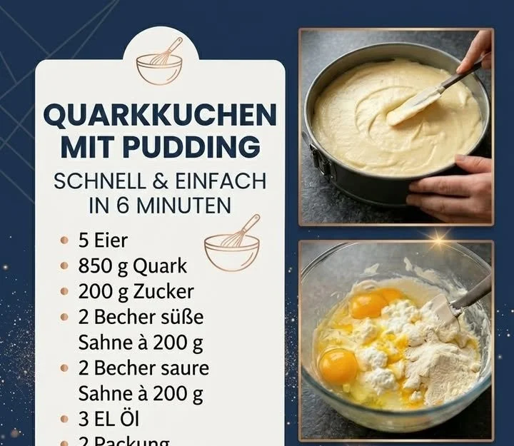 Ein köstlicher Quarkkuchen mit Vanillepudding auf einem Teller serviert.