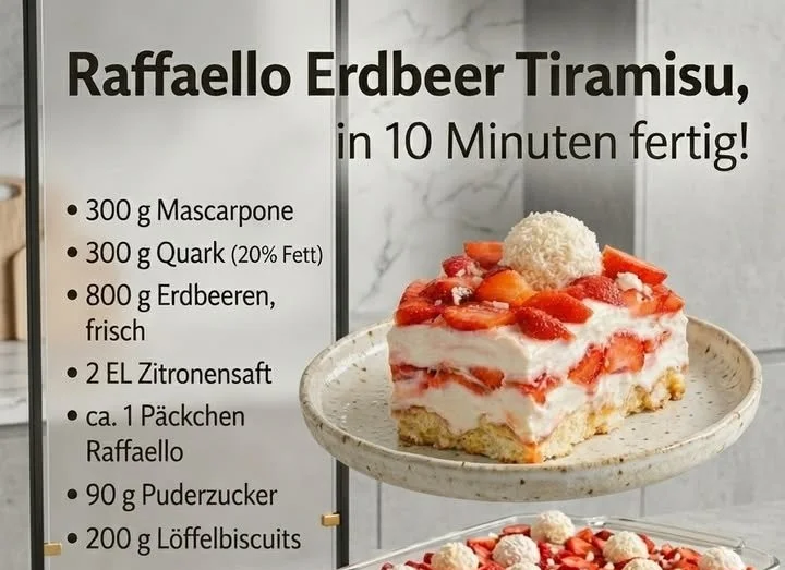 Raffaello Erdbeer Tiramisu mit frischen Erdbeeren und cremigem Mascarpone.