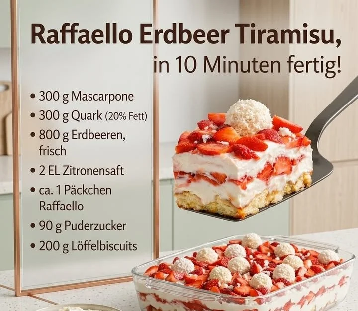 Raffaello Erdbeer Tiramisu mit frischen Erdbeeren und Raffaello-Kugeln