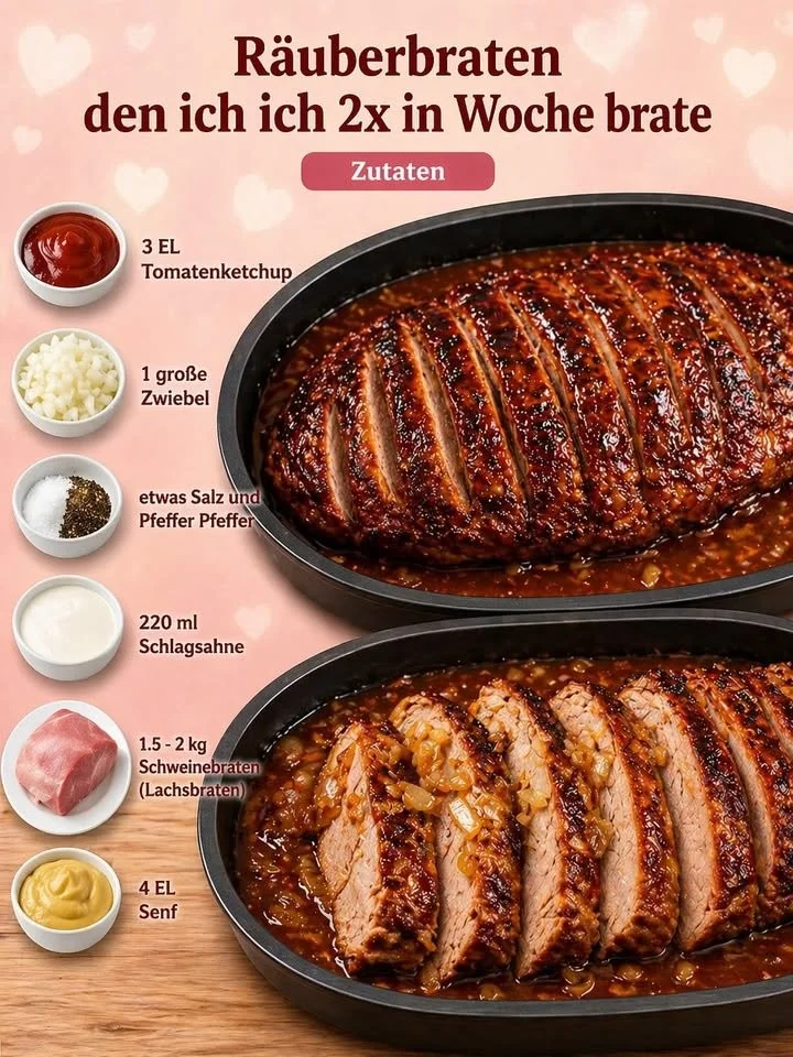Räuberbraten serviert mit Beilagen auf einem Teller.