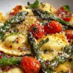 Ravioli mit Tomaten, Spargel, Knoblauch und frischen Kräutern serviert.