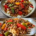 Reis-Hackfleisch-Pfanne mit Paprika auf einem Teller serviert