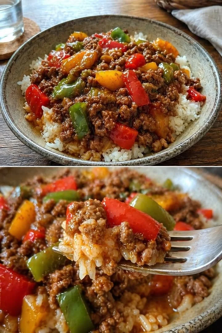 Reis-Hackfleisch-Pfanne mit Paprika auf einem Teller serviert