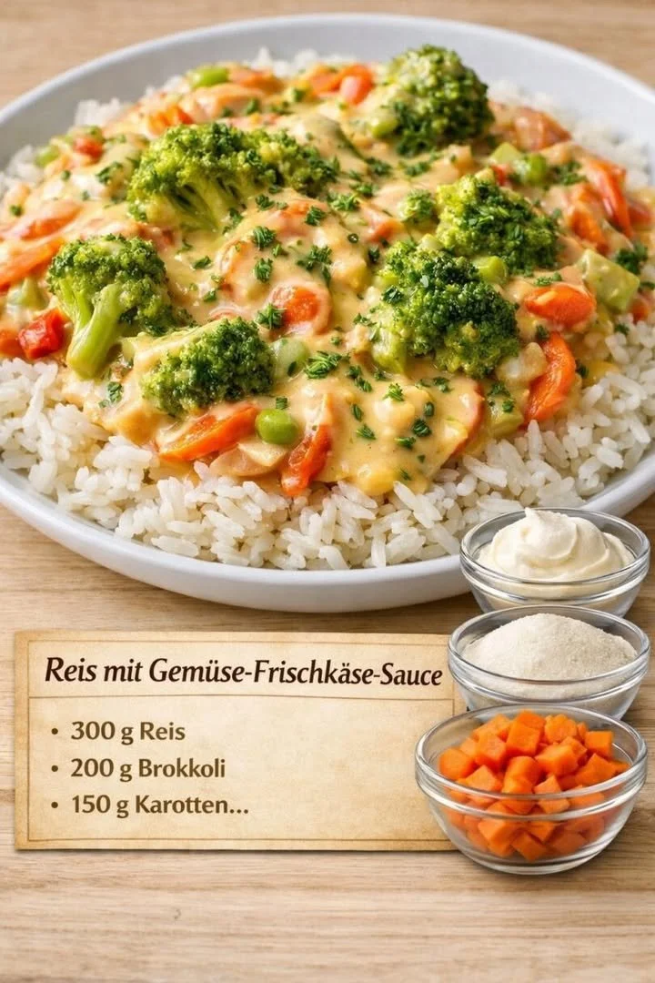 Reis mit Gemüse-Frischkäse-Sauce auf einem Teller serviert