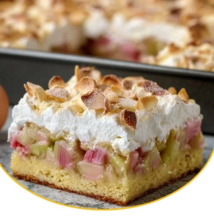 Rhabarber-Blechkuchen mit Baiser auf einem Teller serviert.