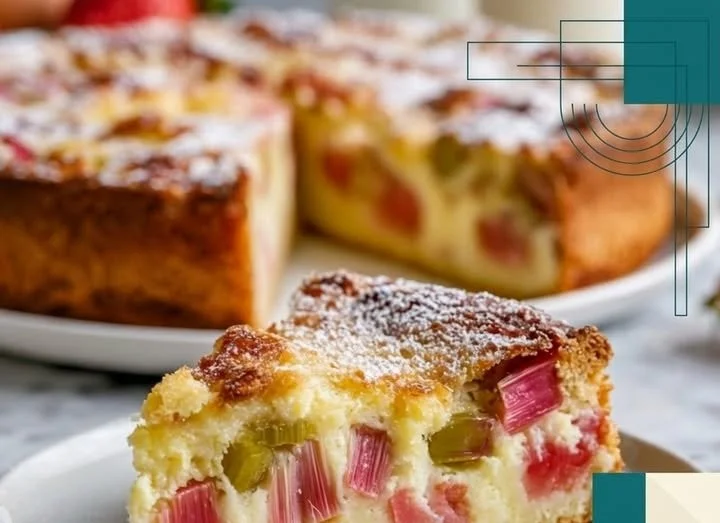 Ein köstlicher Rhabarber-Pudding-Kuchen auf einem weißen Teller, dekoriert mit frischen Rhabarberstücken.