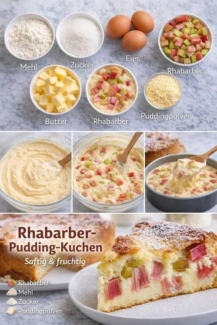 Leckerer Rhabarber-Pudding-Kuchen auf einem Teller, perfekt für jeden Anlass.