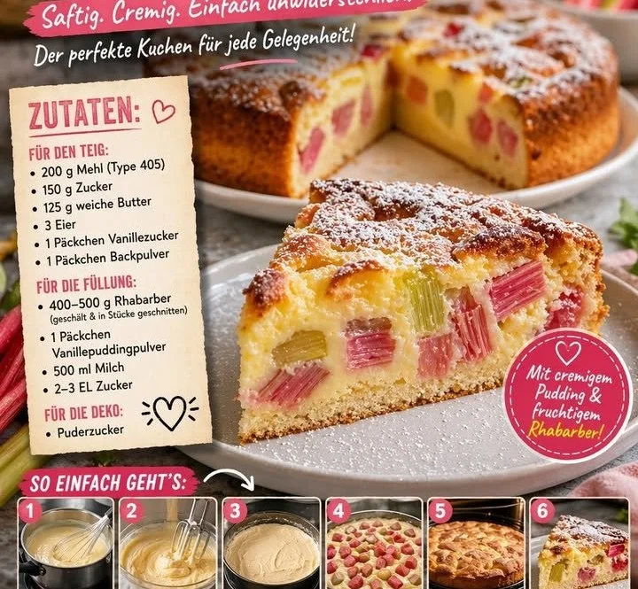 Saftiger und cremiger Rhabarber-Pudding-Kuchen auf einem Teller angerichtet.