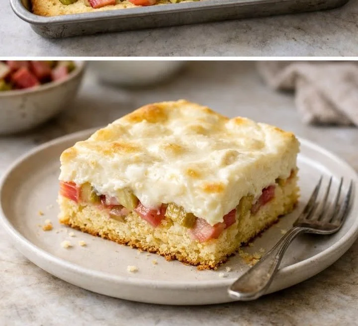 Rhabarberkuchen mit Vanillepudding und Schmand vom Blech auf einem Tisch