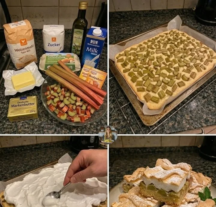 Rhabarber-Blattkuchen mit Meringue-Topping auf einem weißen Teller