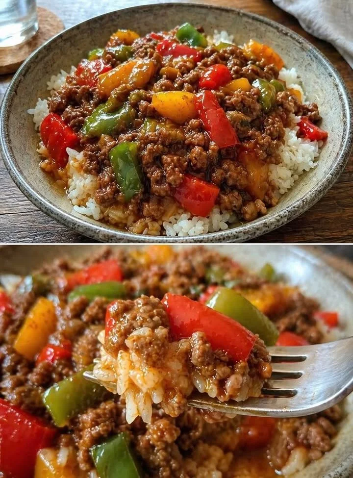 Reis mit Hackfleisch und Paprika in einer Pfanne zubereitet