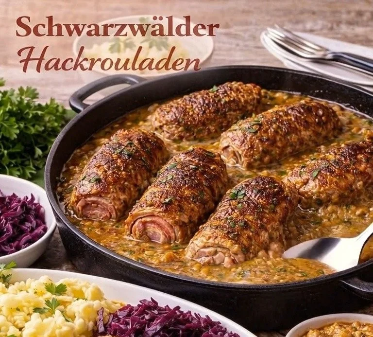 Köstliche Rinderrouladen serviert mit Beilagen auf einem Teller.
