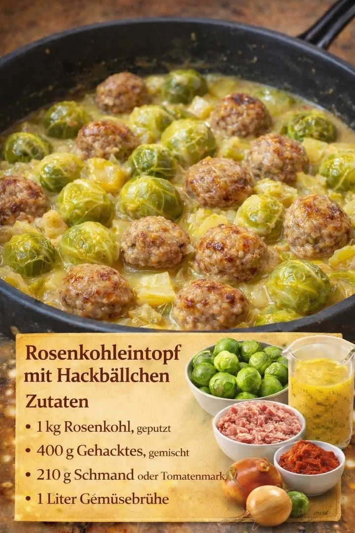 Rosenkohleintopf mit saftigen Hackbällchen und frischen Zutaten
