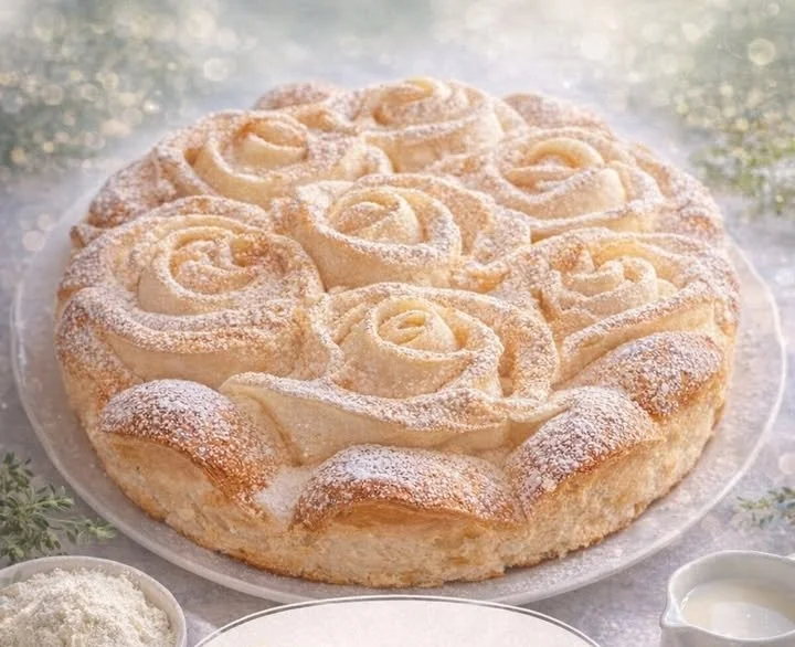 Leckerer Rosenkuchen mit blütenförmigen Teig und fruchtiger Füllung