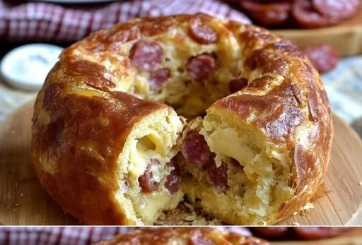 Rustikaler Ringkuchen mit Wurst und Käse auf einem Teller