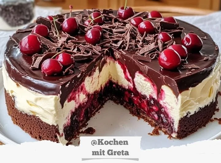Saftiger Schokoladenkuchen mit Kirschfüllung auf einem weißen Teller