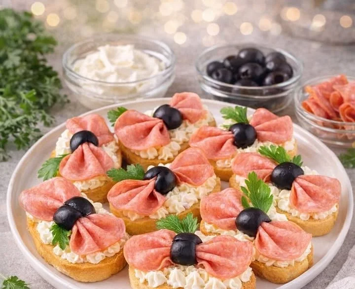 Leckere Salami-Crostini auf einem Holzbrett serviert