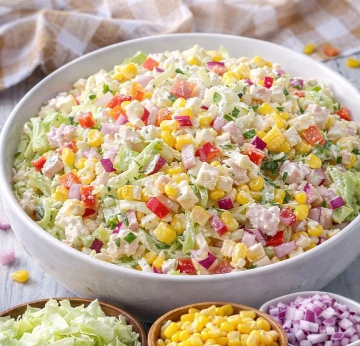 Frischer Salat mit buntem Gemüse und Dressing auf einem Teller