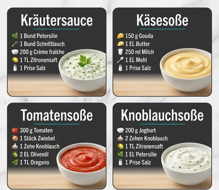 Vielfalt an Saucenvariation für kreative Kochideen.