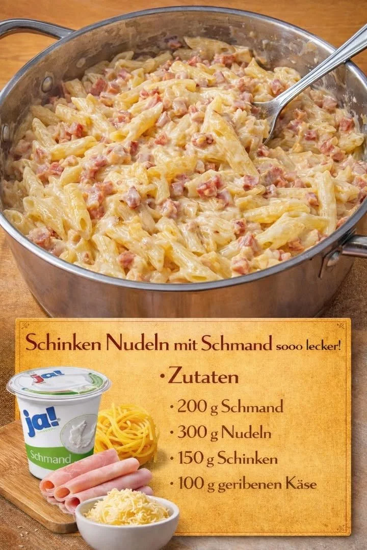Schinken Nudeln mit Schmand auf einem Teller serviert