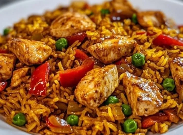 Schnelle Reispfanne mit Hähnchen und Curry serviert auf einem Teller