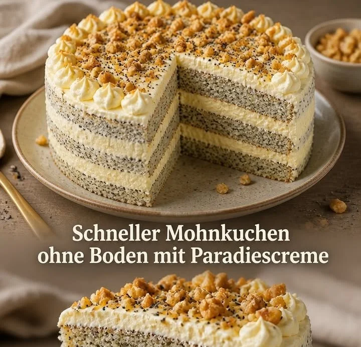 Schneller Mohnkuchen ohne Boden mit Paradiescreme auf einem Teller