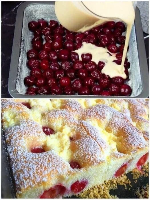 Schneller Quark-Kirschkuchen mit Kirschen und Quarkfüllung auf einem Teller