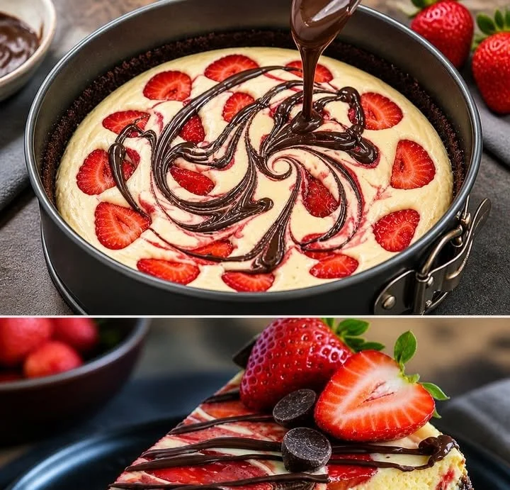 Schoko Erdbeer Käsekuchen mit frischen Erdbeeren und Schokolade