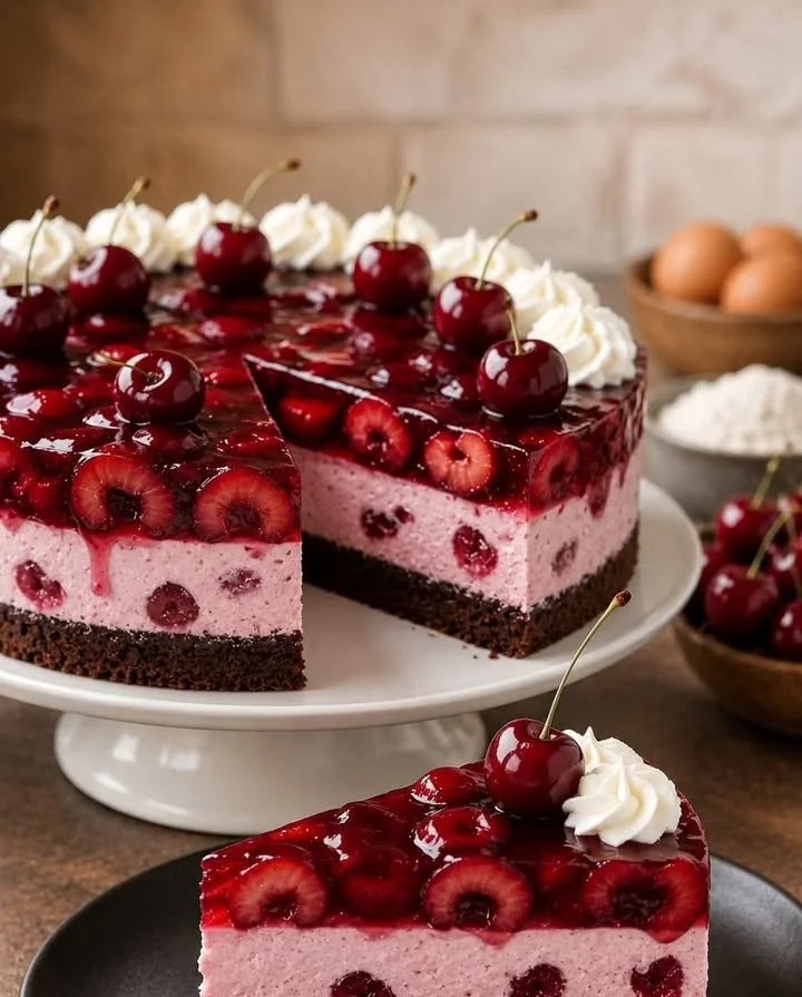 Schoko-Kirsch-Mousse-Torte mit Kirschsauce und Schokoladendekoration