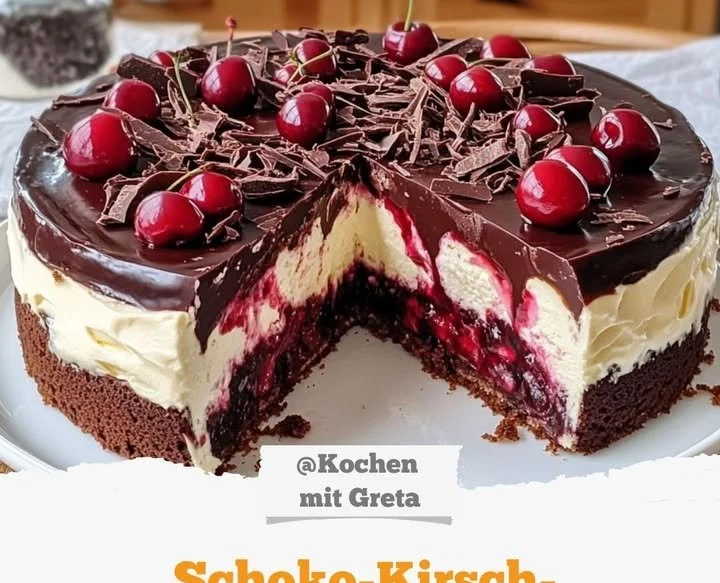 Leckeres Schokoladen-Kirsch-Dessert mit frischen Kirschen und Schokoladensauce