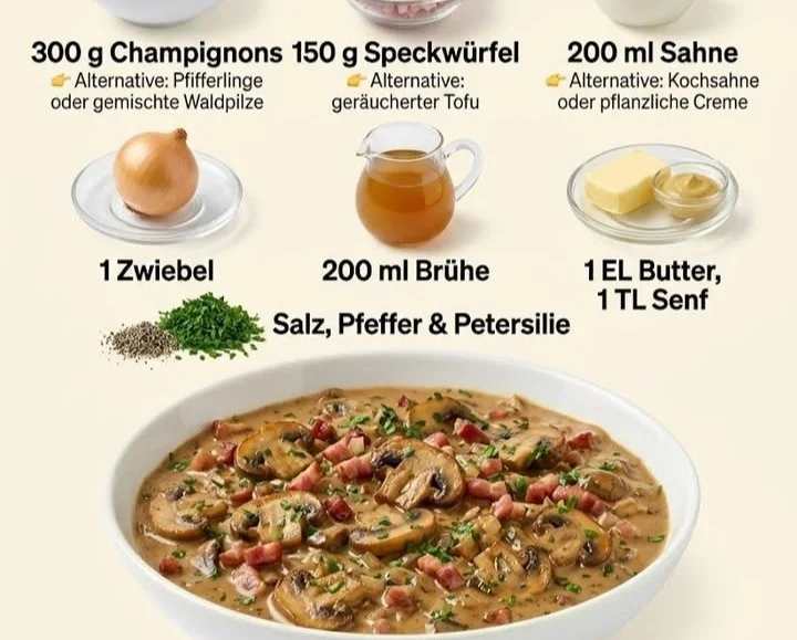 Schwarzwälder Jägersauce serviert mit frischen Zutaten on einem Teller.