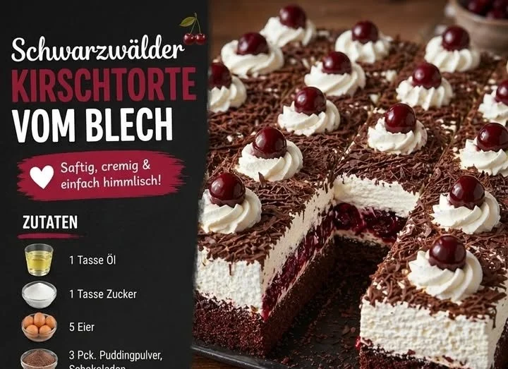 Schwarzwälder Kirschtorte vom Blech, ein traditionelles deutsches Dessert mit Kirschen und Sahne.
