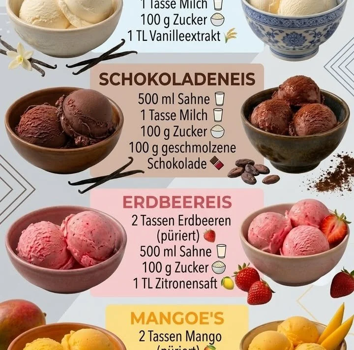 Selbstgemachte Eiscremes aus frischen Zutaten in bunten Schalen serviert.