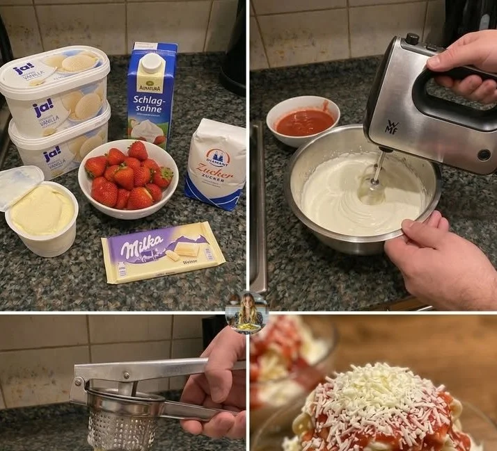 Leckeres Spaghettieis mit süßer Sahne und bunten Toppings