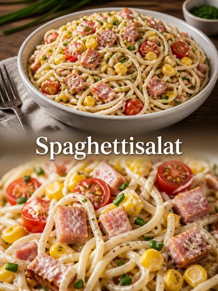 Leckere Spaghettisalat mit frischen Zutaten und buntem Gemüse