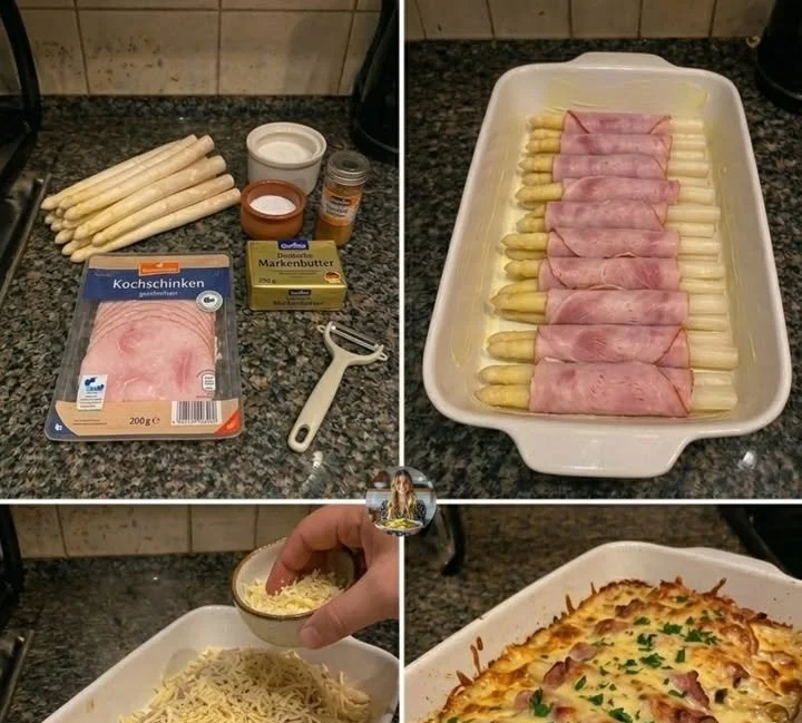 Spargel mit Schinken und Gouda in einem leckeren Gericht serviert