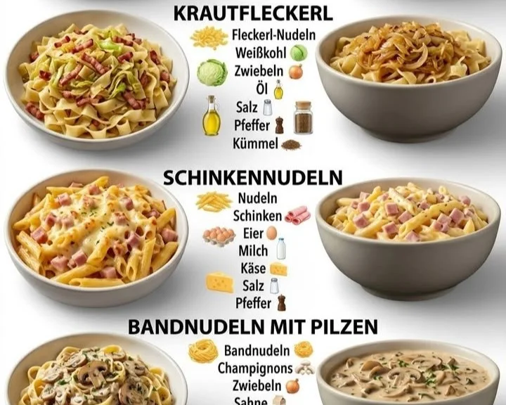 Eine Schüssel Spätzle mit Soße, serviert mit frischen Kräutern.