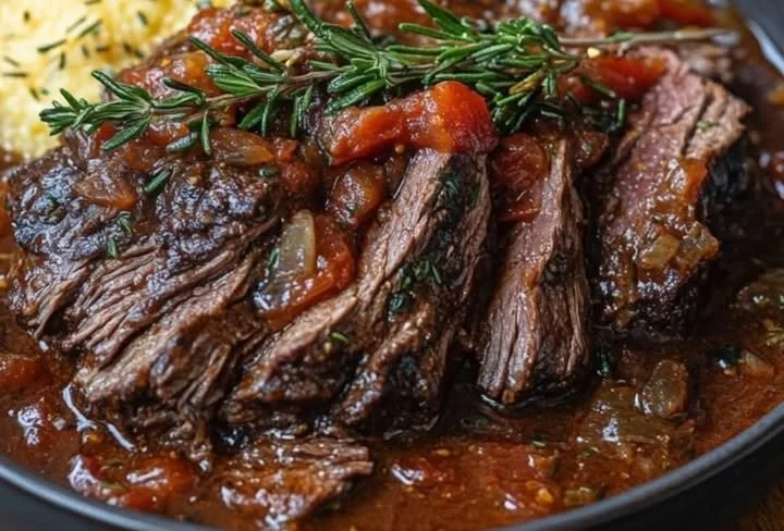 Ein Teller mit Stracotto, italienischem Schmorbraten, serviert mit Beilagen.