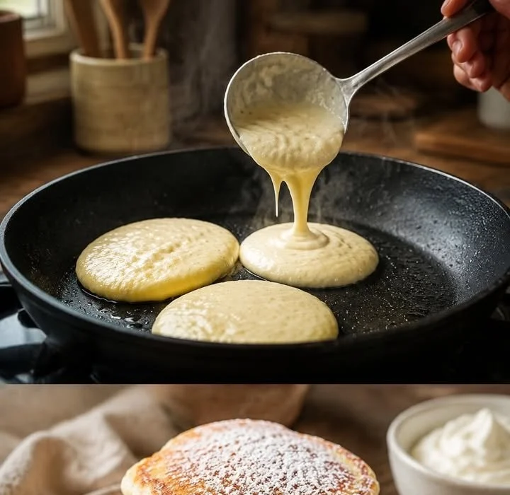 Fluffige Quark-Pfannkuchen ohne Mehl auf einem Teller serviert
