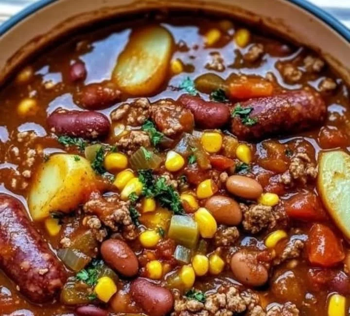 Schüssel mit köstlichem Texanischen Cowboy-Eintopf, serviert mit frischen Kräutern.