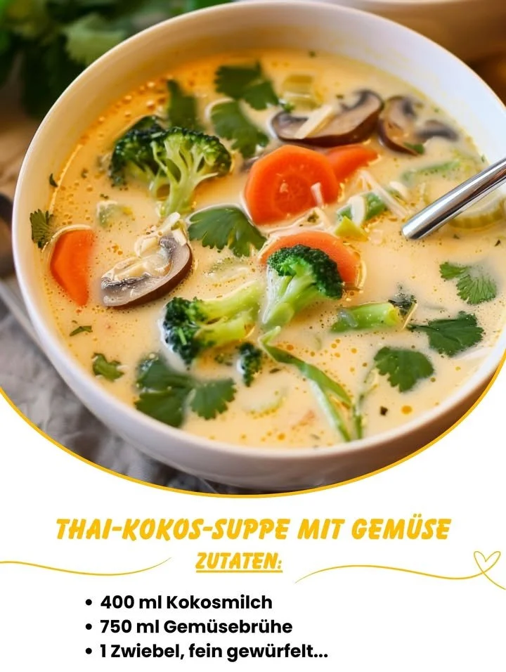 Becher mit Thai-Kokos-Suppe und frischem Gemüse