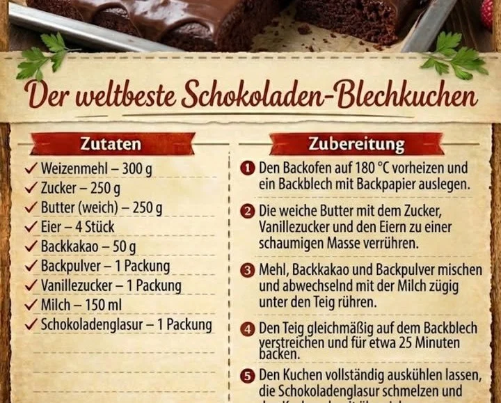Der weltbeste Schokoladen-Blechkuchen auf einem Teller serviert.