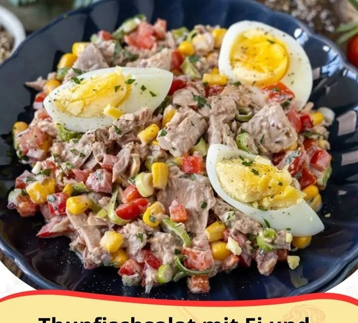 Thunfischsalat mit Ei und Gurke auf einem Teller serviert