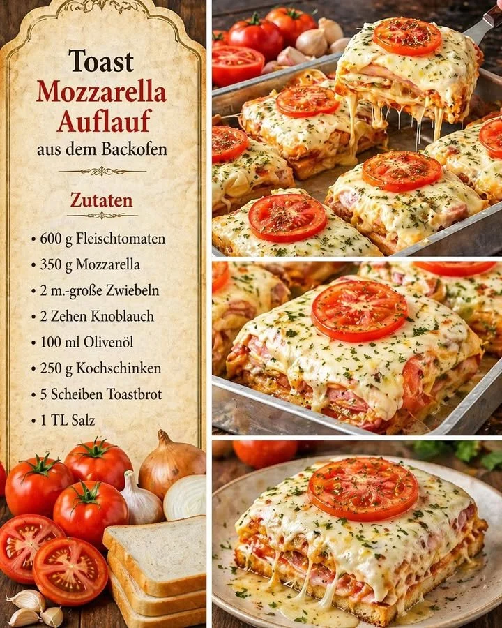 Toast-Mozzarella-Auflauf mit geschmolzenem Käse und knusprigem Brot