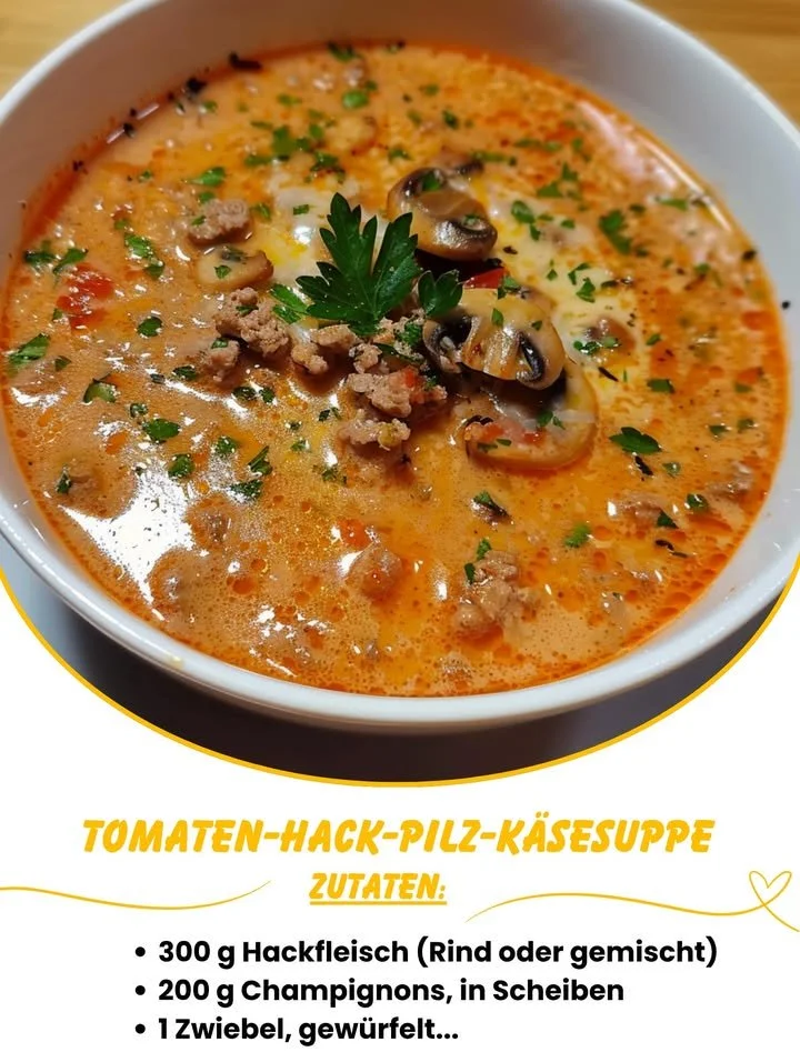 Schüssel mit Tomaten-Hack-Pilz-Käsesuppe, frisch serviert mit Kräutern