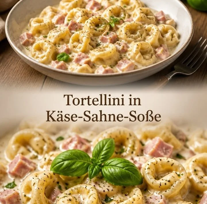 Tortellini in cremiger Käse-Sahne-Soße serviert auf einem Teller