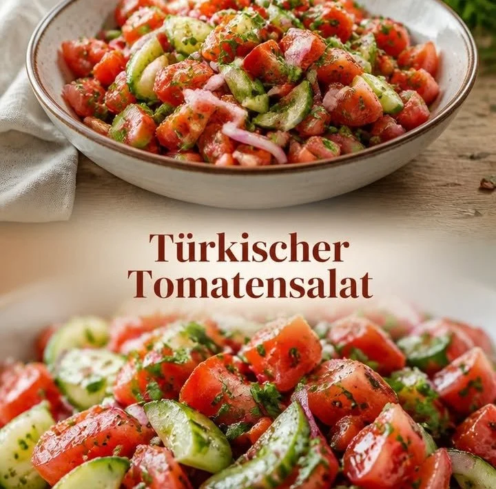 Schüssel mit türkischem Tomatensalat, frisch zubereitet mit Reduzierung von Kalorien.