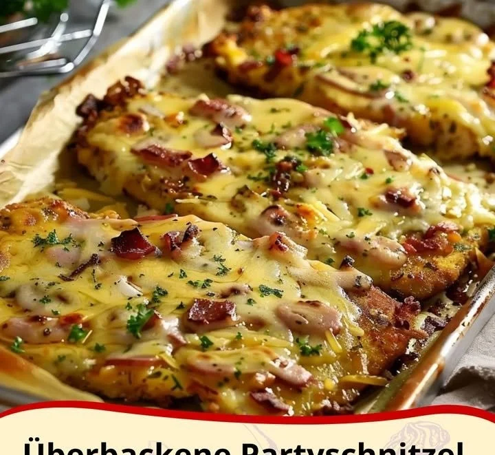Überbackene Partyschnitzel auf einem Teller mit frischen Kräutern garniert.