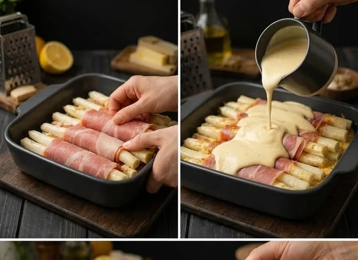 Überbackener weißer Spargel mit Schinkenmantel aus dem Ofen